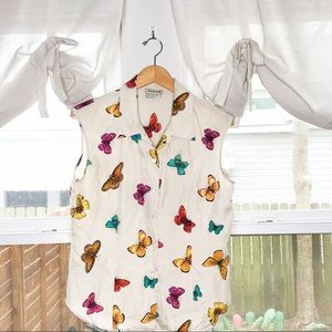 Ann Taylor Vintage 100% Silk Colorful Rainbow Butterfly Button Down Collar Tank